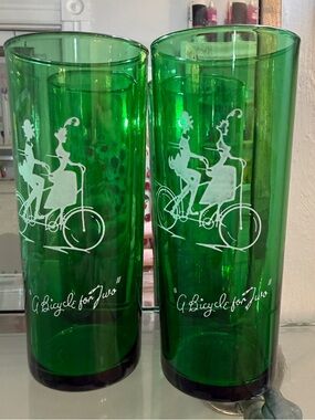 Green Tall Glasses with White Bicycle Couple Design - Set of 2